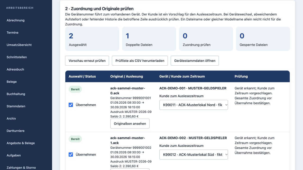 Echte Ansicht der Musterdemo mit fiktiven Daten