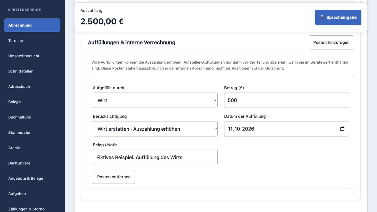 Interne Wirt-Auffüllung mit Datum, Notiz und berechneter Auszahlung