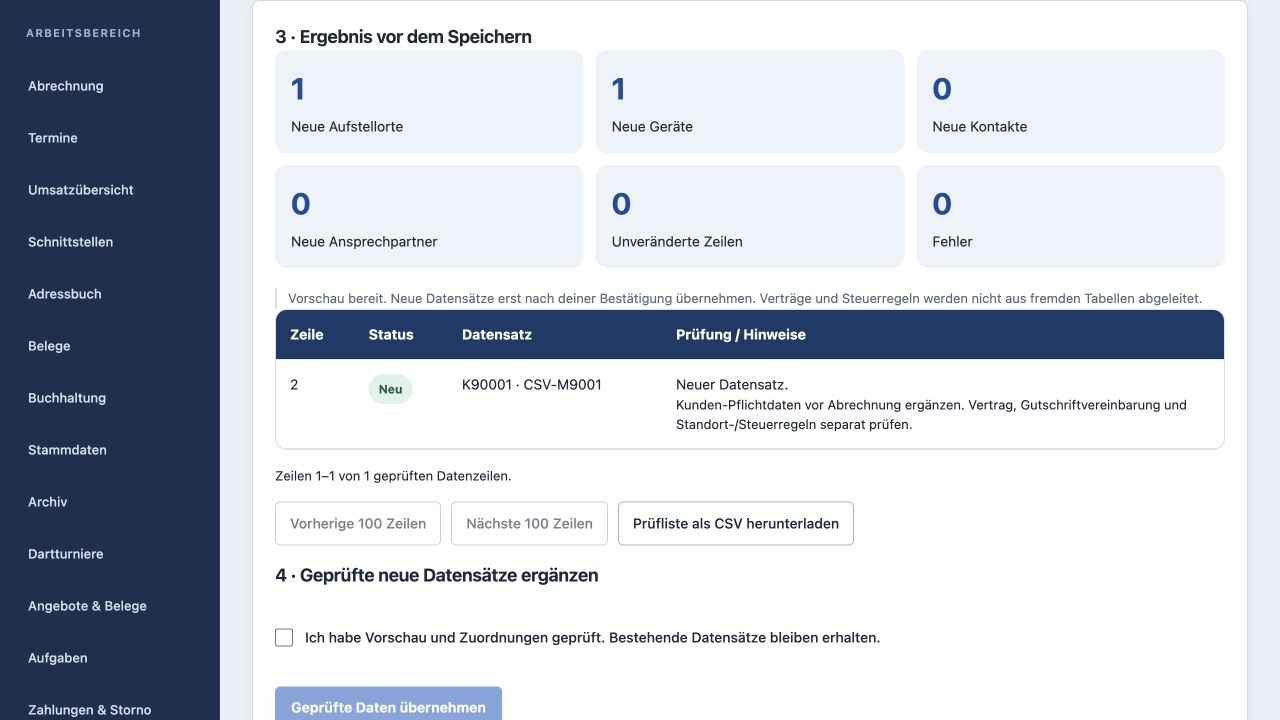 Importvorschau mit neuen Geräten, Aufstellorten, Fehlerprüfung und Bestätigung