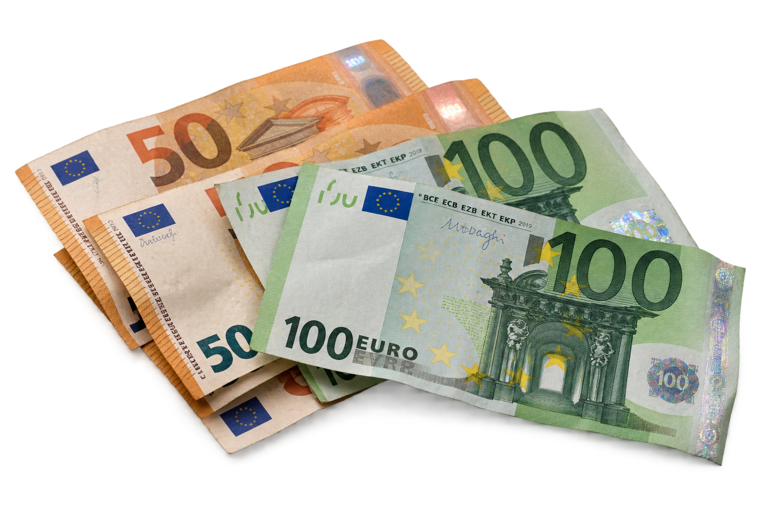 Fotorealistisches Motiv mit gefächerten 50- und 100-Euro-Geldscheinen