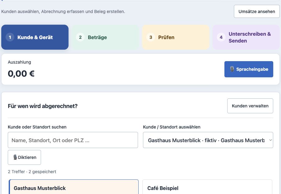 Nahansicht der echten Tablet-Abrechnung mit vier großen farbigen Tabs