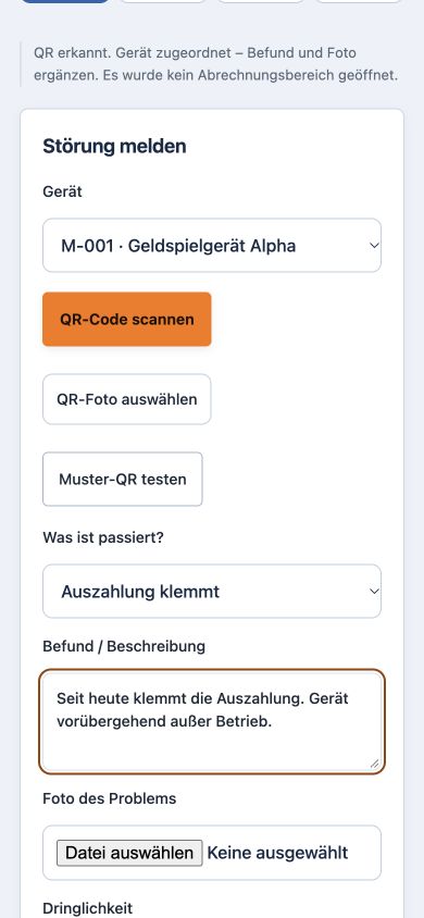Echte mobile Ansicht der Wirte-Demo mit Gerät, Befund und QR-Störungsmeldung
